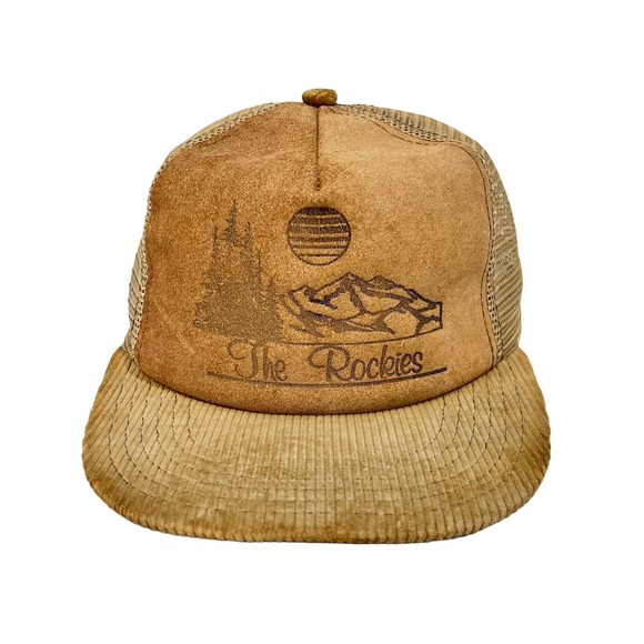 Vintage‎ 80's Corduroy & Genuine Leather THE ROCKIES Snapback Hat - Made In USA - Picture 1 of 12